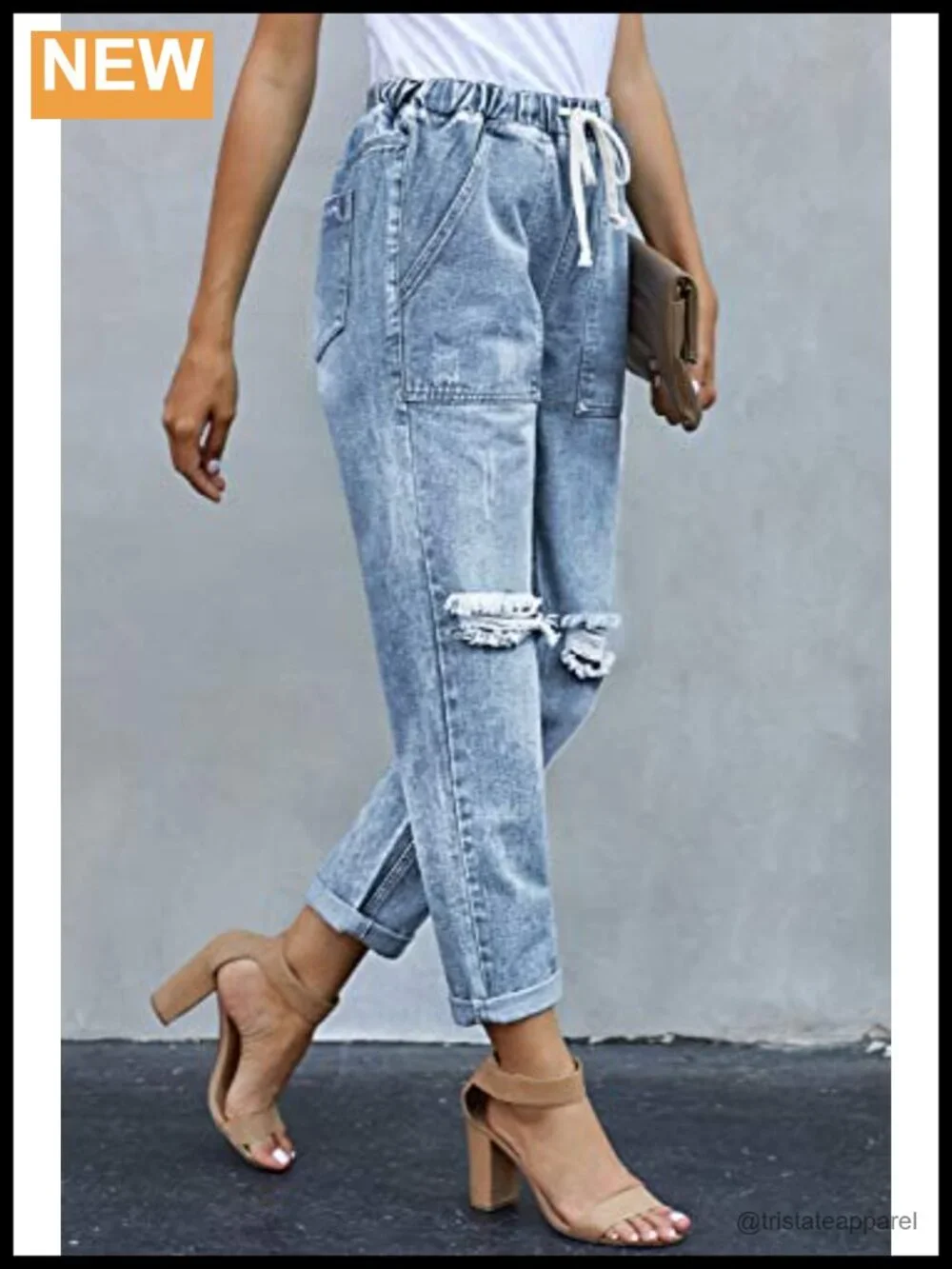 Women's Pull-On Distressed Stretch Denim Joggers Jeans Elastic Waist